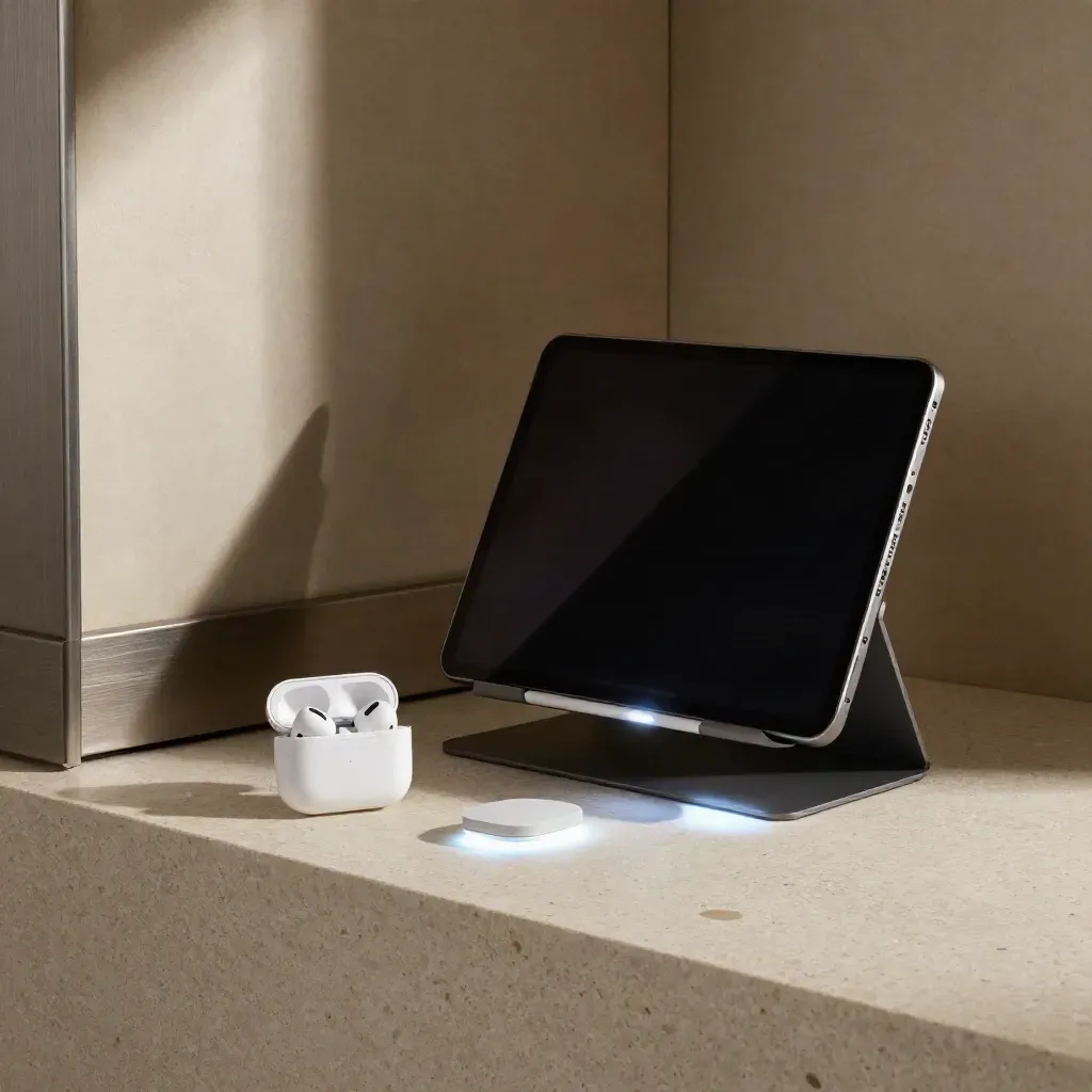 Telehealth nook with a tablet, open earbuds case, and a soft LED glow on travertine.