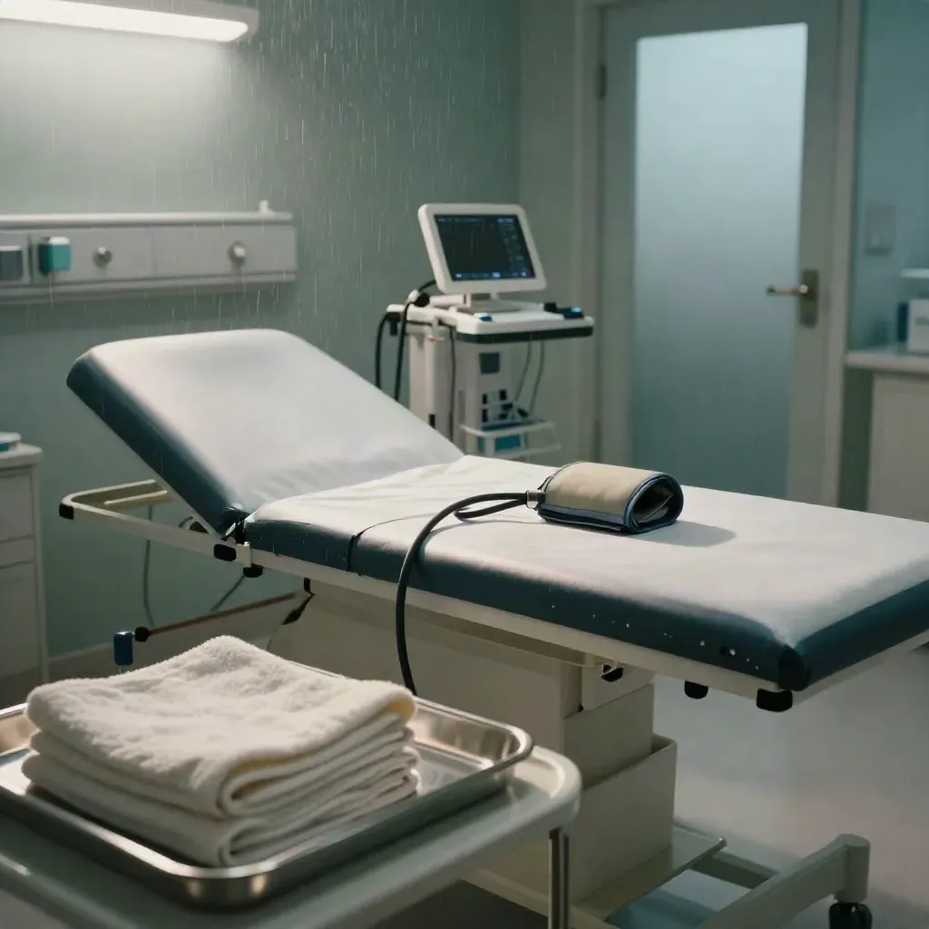 Empty premium primary-care exam room with cuff, tray, tablet stand and frosted entry