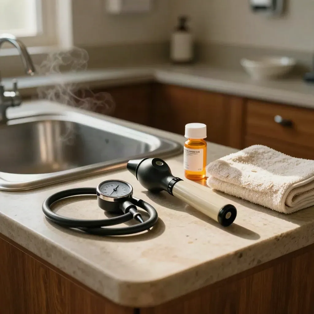 Primary-care sink station with otoscope, cuff, refill bottle, folded towel, and steam.