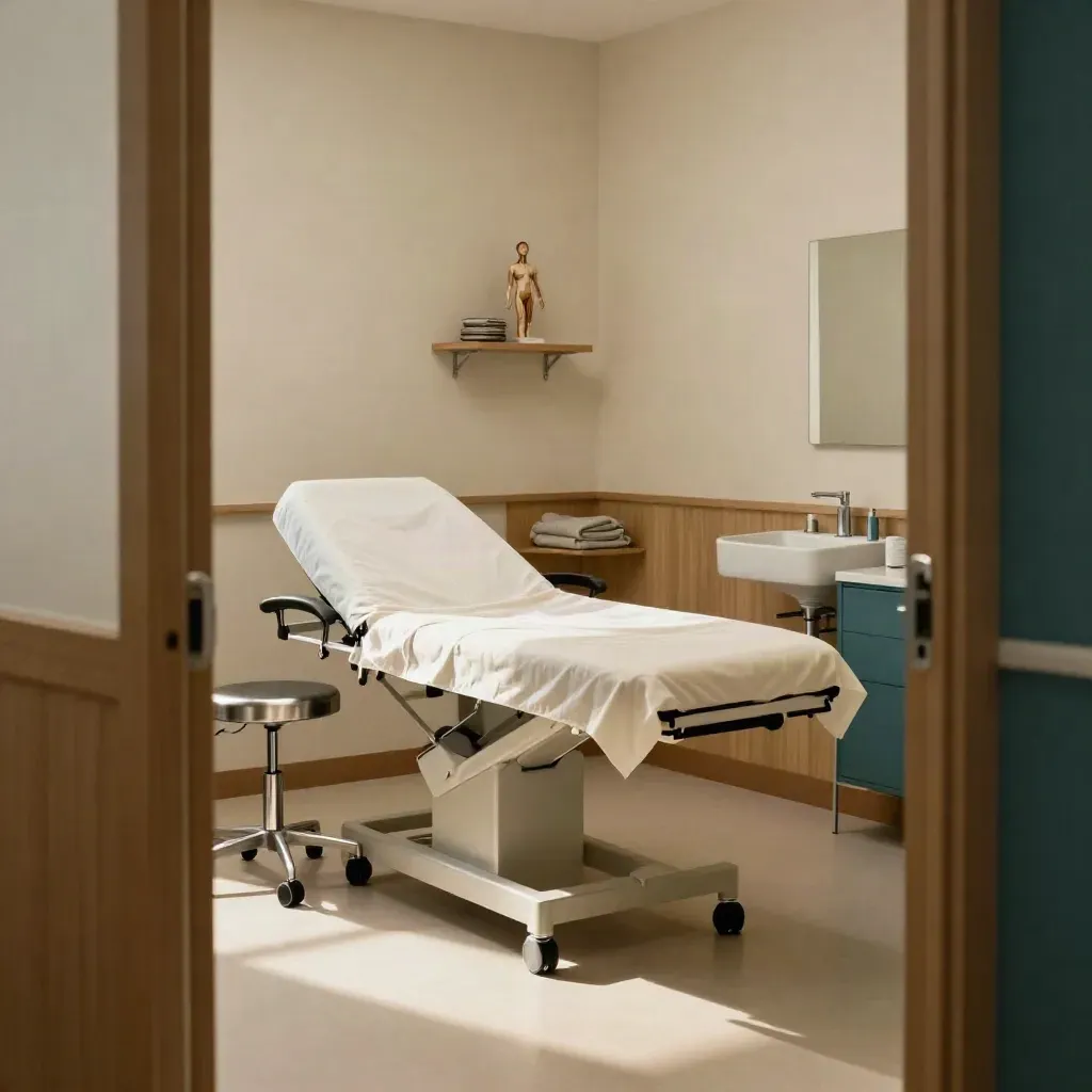Empty consultation room with exam table, stool, sink, blanket and model in warm morning light