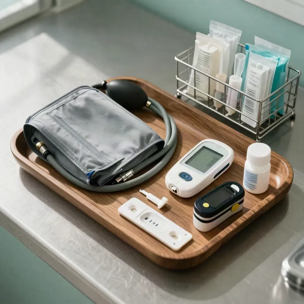 Overhead preventive screening tools laid out on walnut steel tray with mint accents