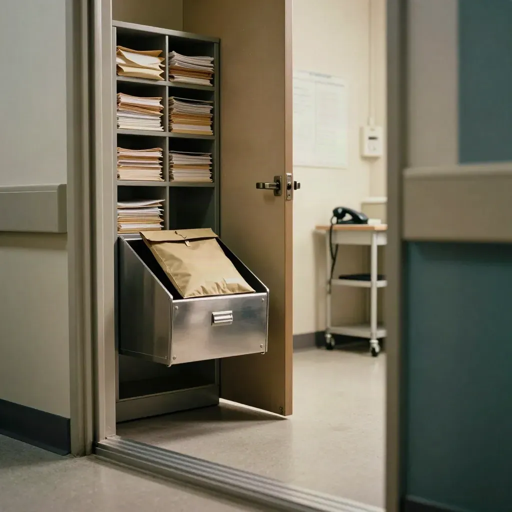 Referral coordination alcove with pouch, file sleeves, inbox tray, and handset in cinematic shadow.