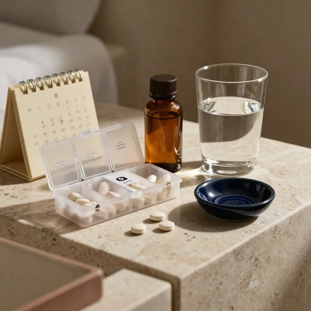 Pill organizer, medicine bottle, water glass, and calendar block on travertine in warm window light.