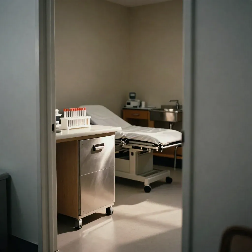 Reset exam room with sample rack, lab tubes, and closed equipment dock in warm afternoon light.