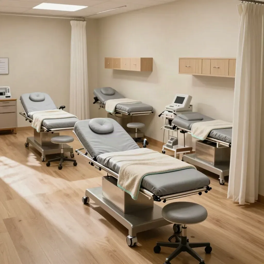 Three prepared exam bays in a sunlit clinic hallway, with stools, folded blankets and soft mint accents.