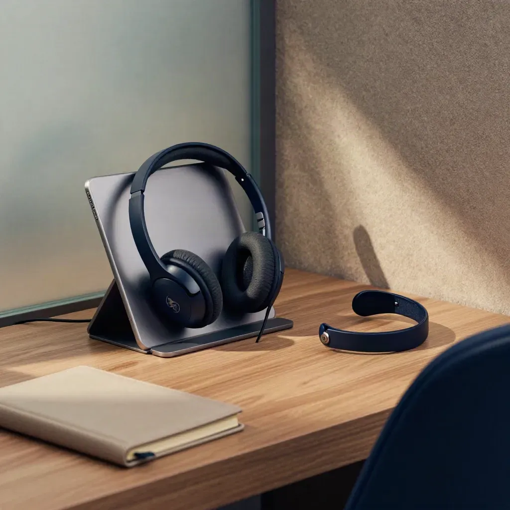 Telehealth corner with docked tablet, headset cradle, closed notebook, and pushed-in chair.