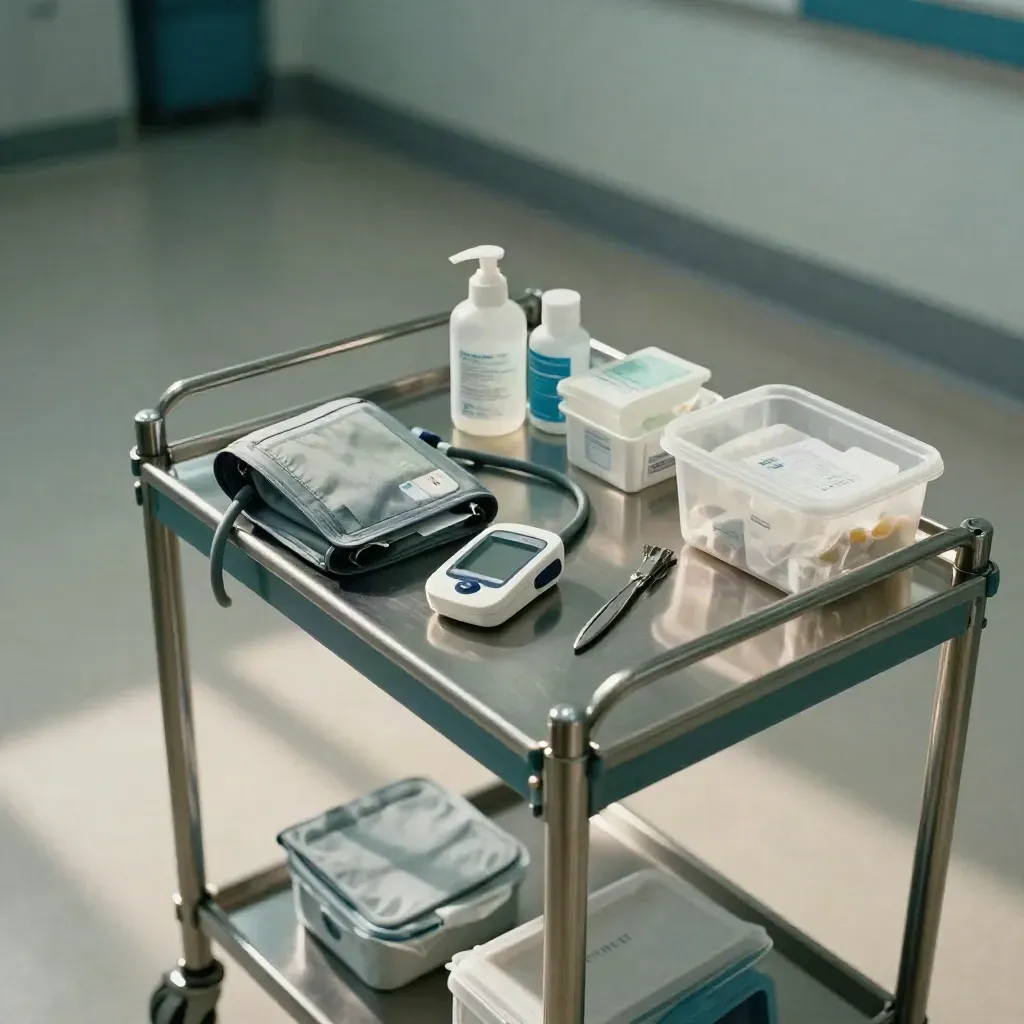 Top-down clinic screening cart with BP cuff, glucose meter, oximeter, and sealed bins.