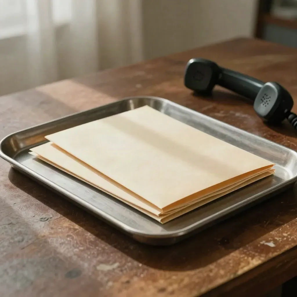 Outbound referral pouch gliding past blank file sleeves and a handset beside a cleared tray.