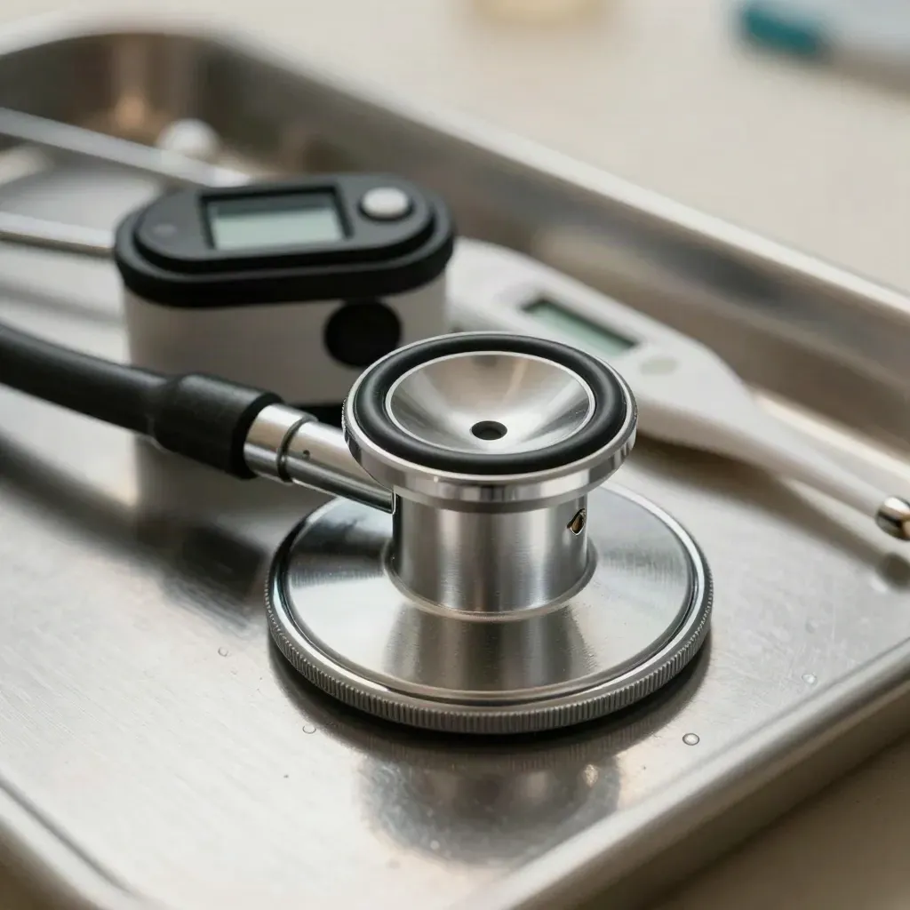 Macro still life of medical tools on brushed aluminum: stethoscope, pulse-ox clip, thermometer.