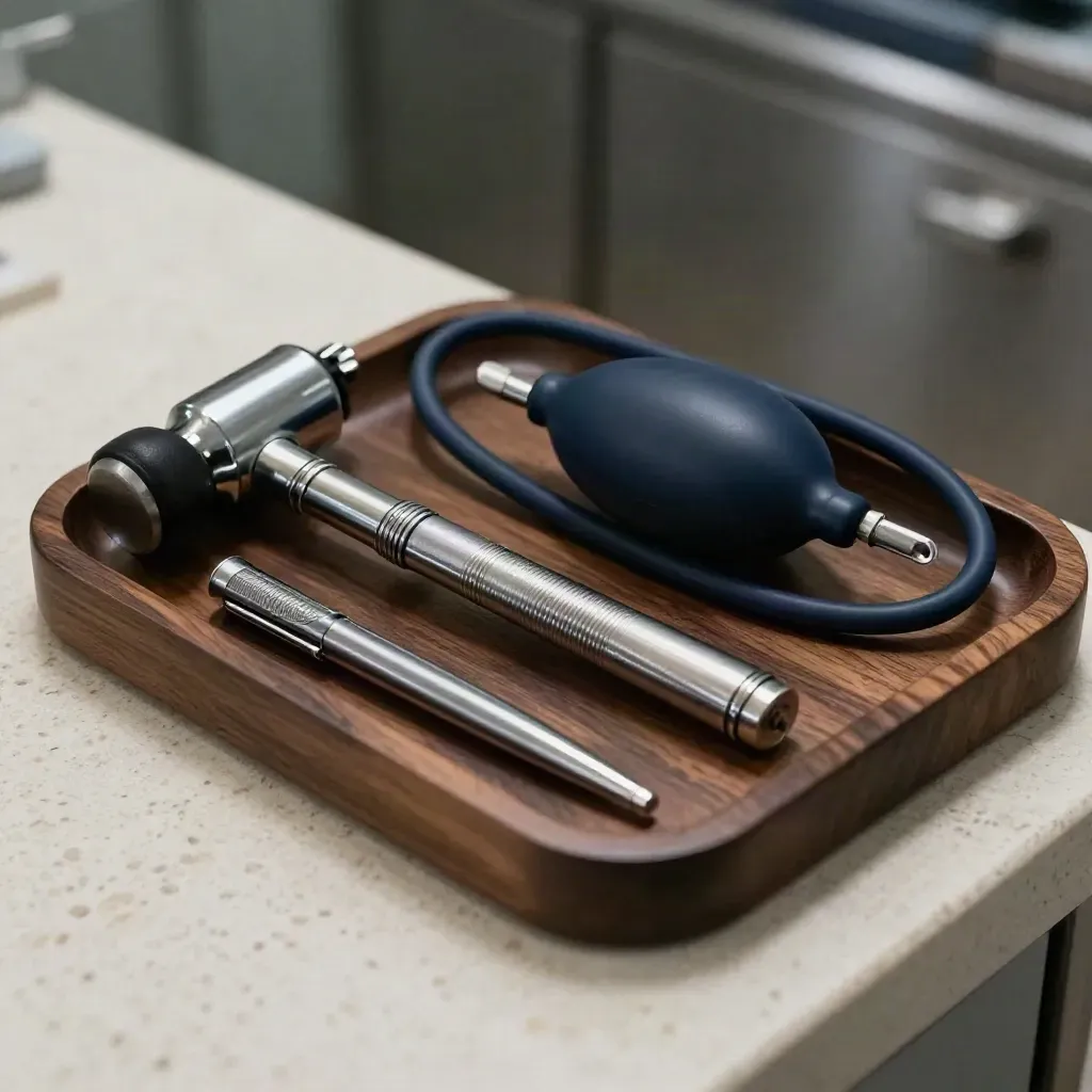 Otoscope, reflex hammer, navy blood-pressure bulb and penlight in a walnut tray under hard light.