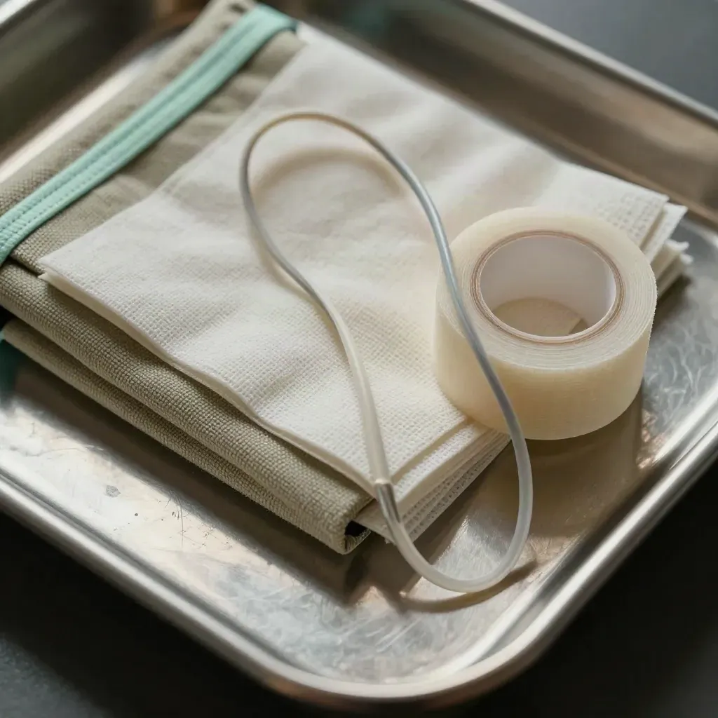 ECG lead, wound-care tape and gauze bundled on a clinic tray