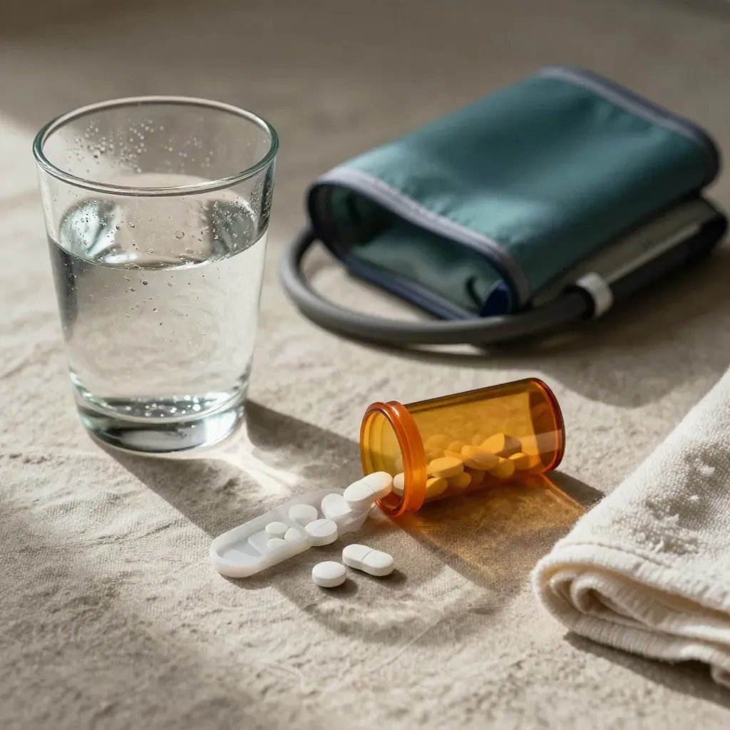 Preventive-care still life with water glass, pill organizer, amber vial, and blood-pressure cuff on linen