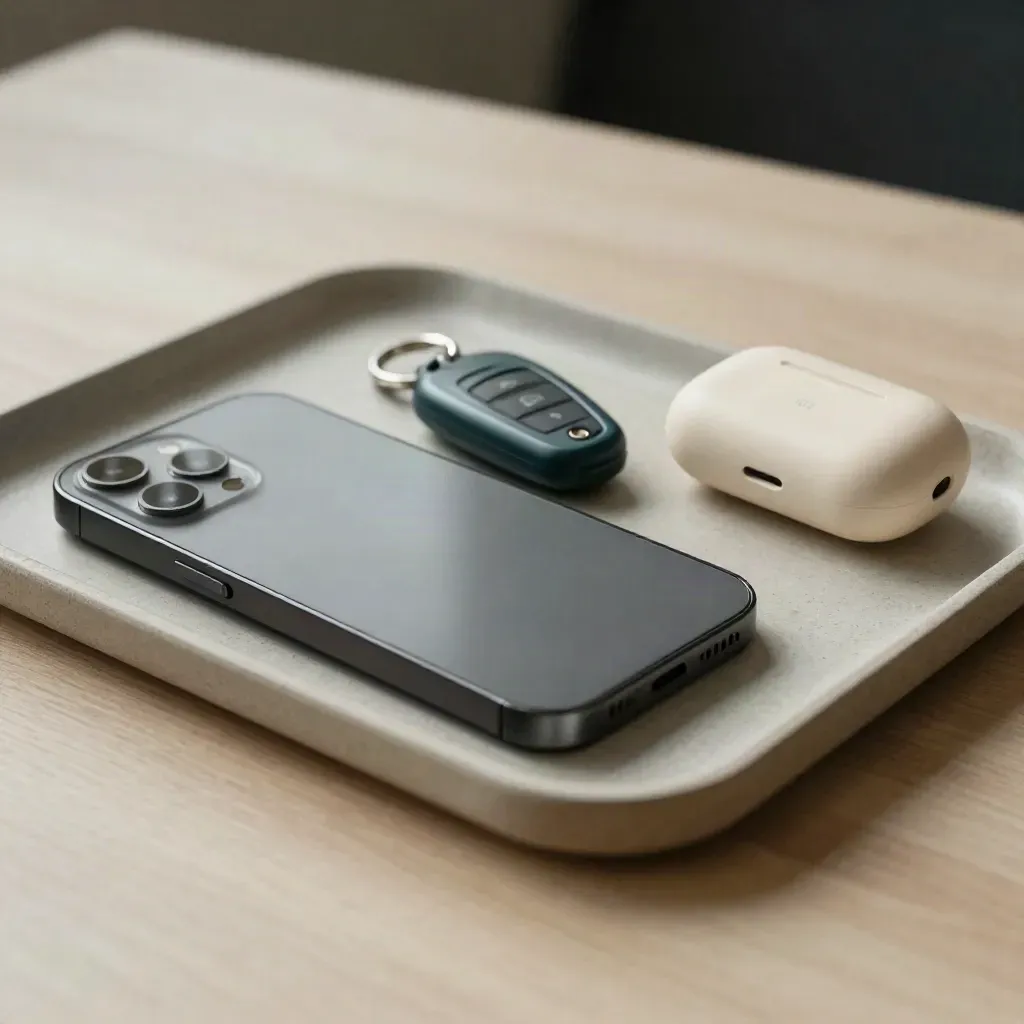Face-down smartphone, car key, and earbuds on pale wood for a booked visit.