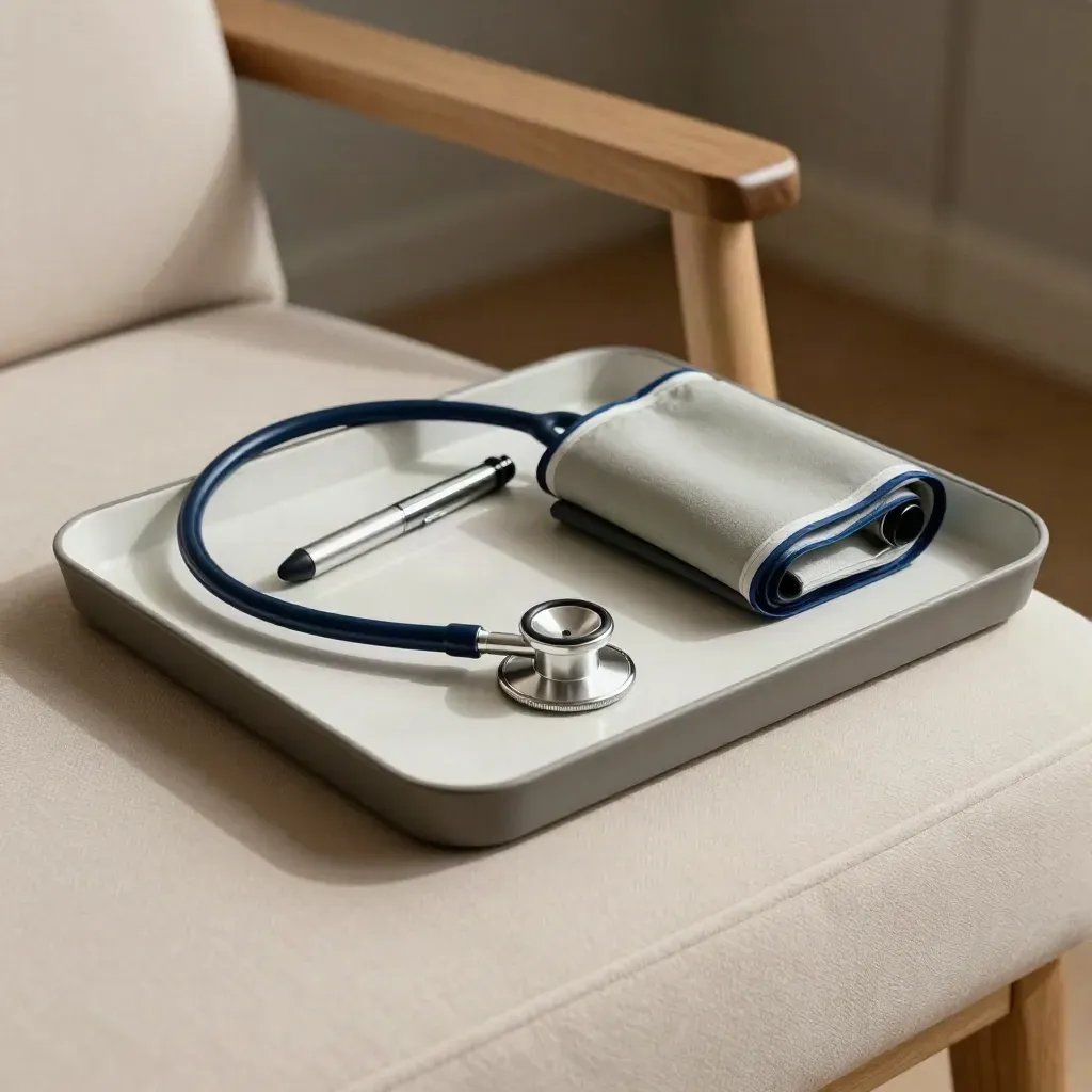 Consultation tray with stethoscope, penlight and cuff beside a chair arm on a pale plaster sweep.