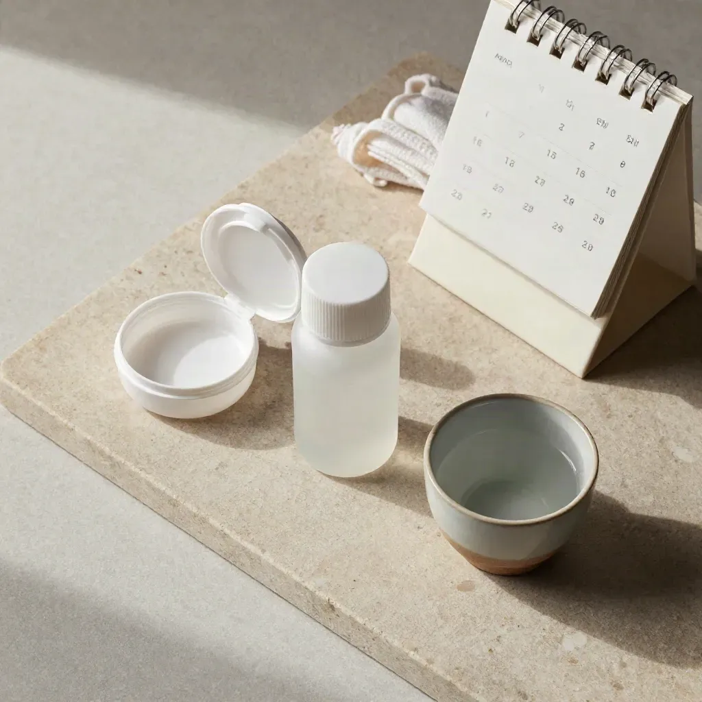 Pill organizer, refill bottle and calendar block on limestone in soft side light.