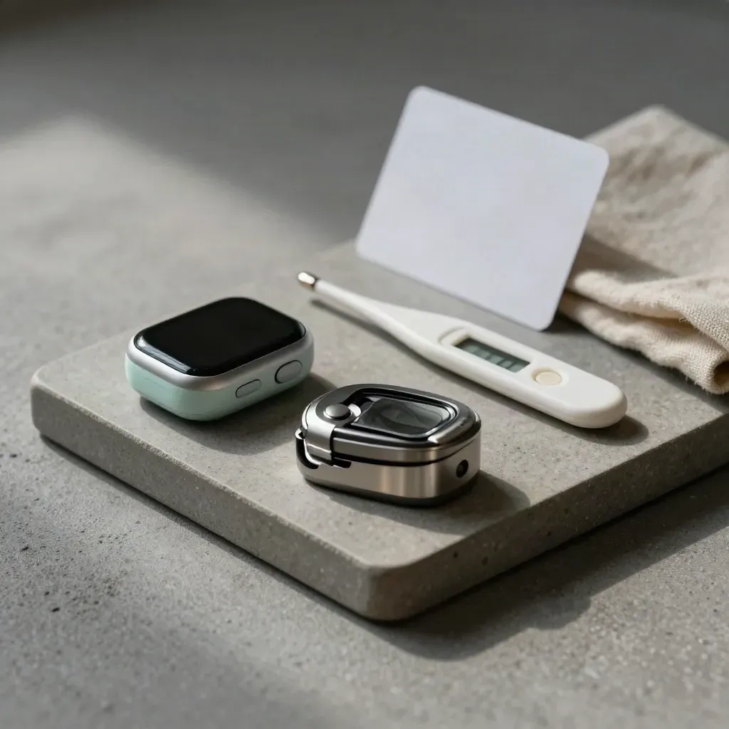 Stone tray with smartwatch charger, pulse-ox clip, and thermometer beside folded linen.