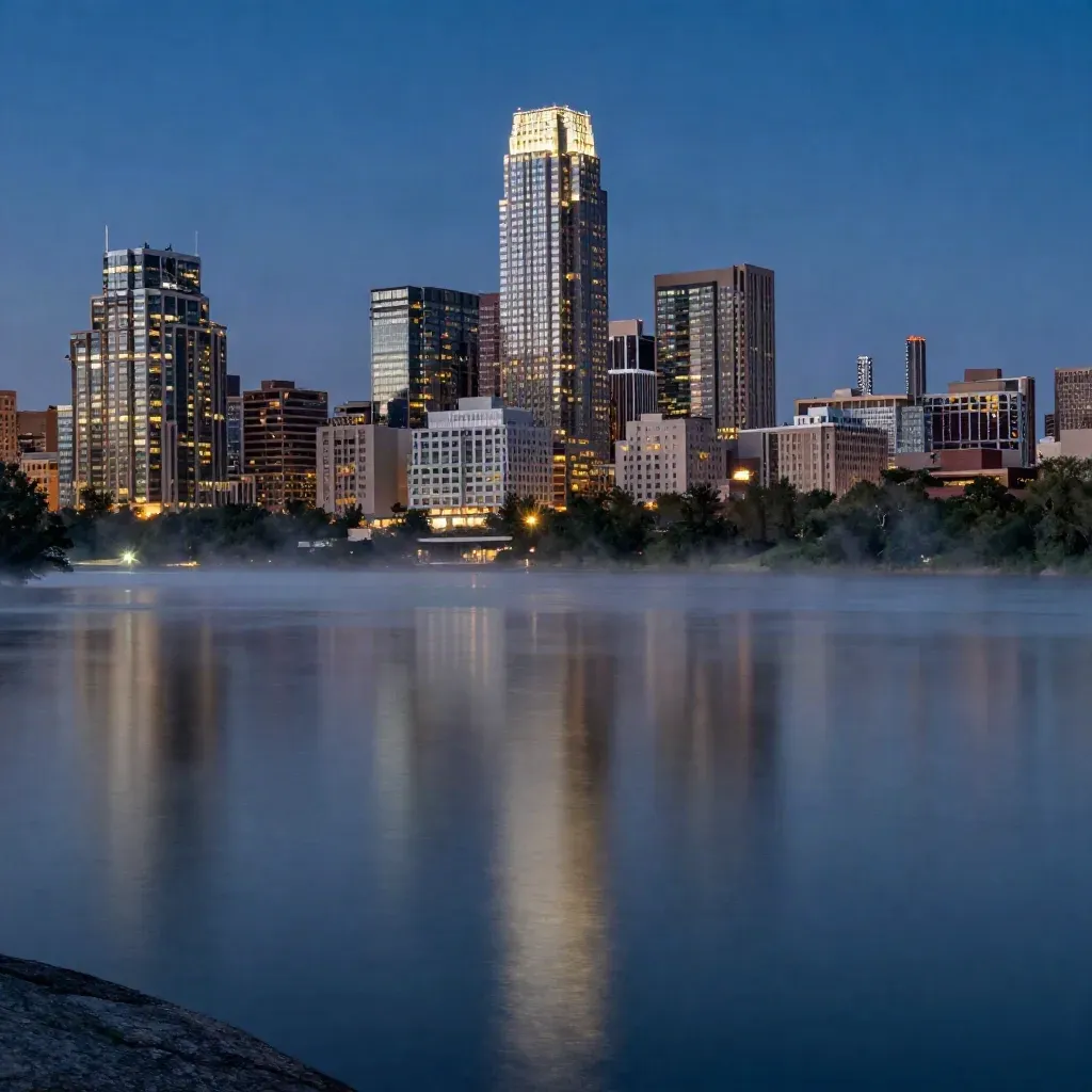 Austin skyline at blue hour over calm Lady Bird Lake with low mist