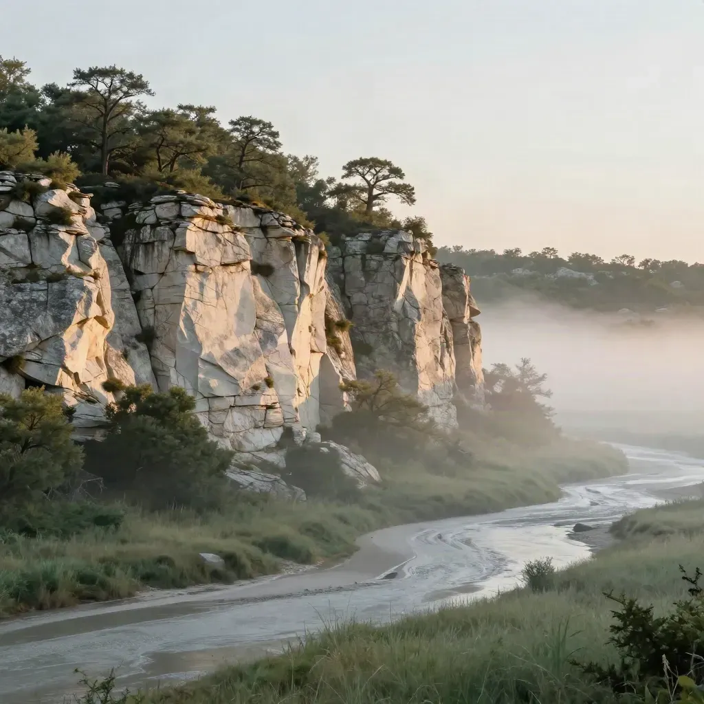 Limestone bluff and cedar ridge above a misty creek basin at first light