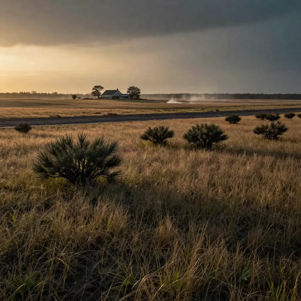 Wet South Travis County prairie at golden hour with mesquite and a distant farmhouse silhouette.