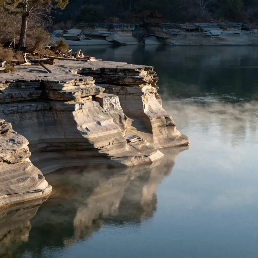 Pale limestone bluff above a hazy Lake Travis inlet at dusk, calm water below